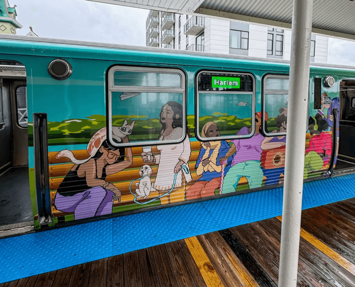 CTA train public art mural designed by Nitya Mehrotra, Dezi Art Prize founder