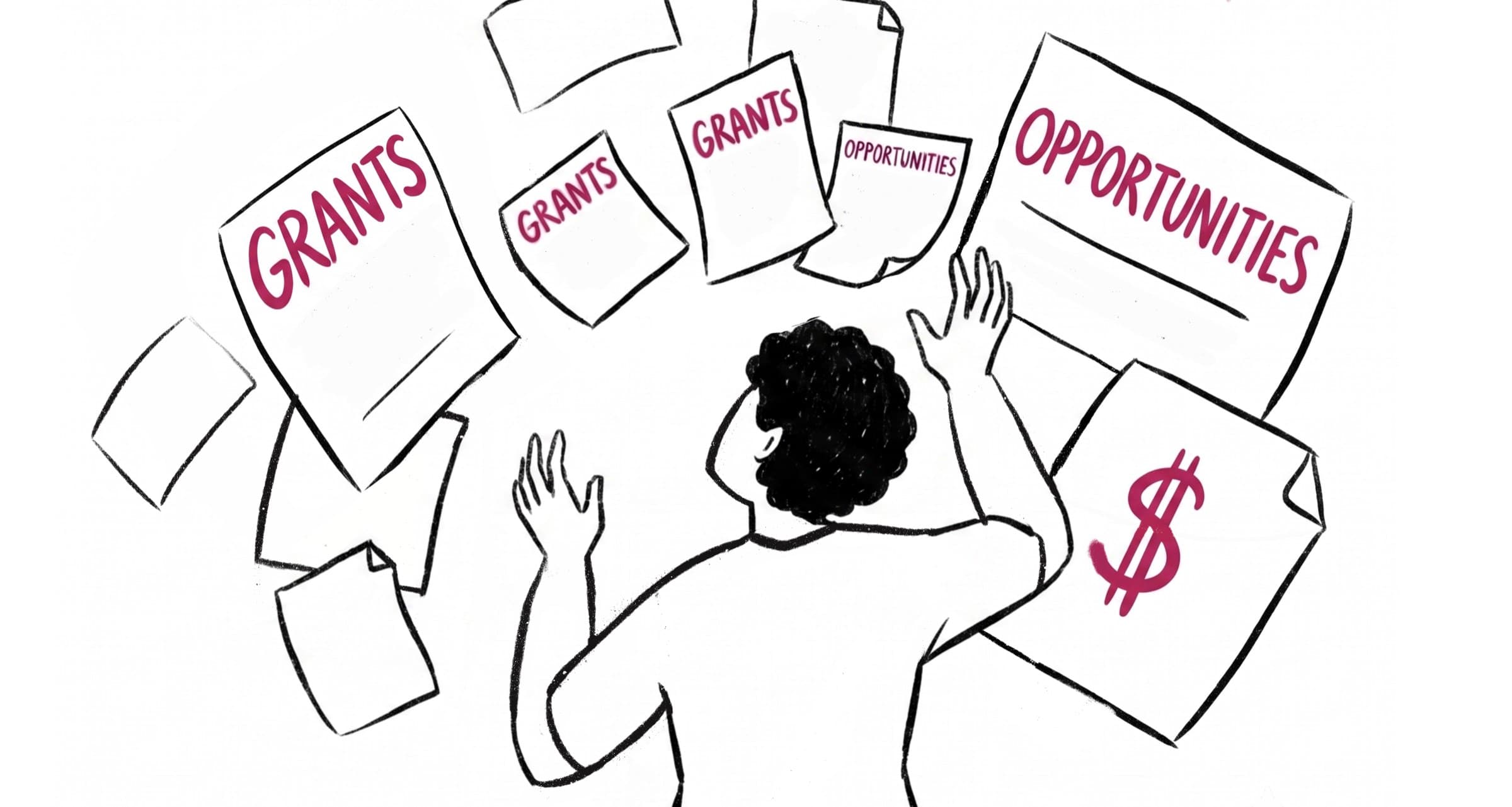Line illustration of an artist reaching up toward a scattered wall of papers labeled Grants, Opportunities, and a dollar sign